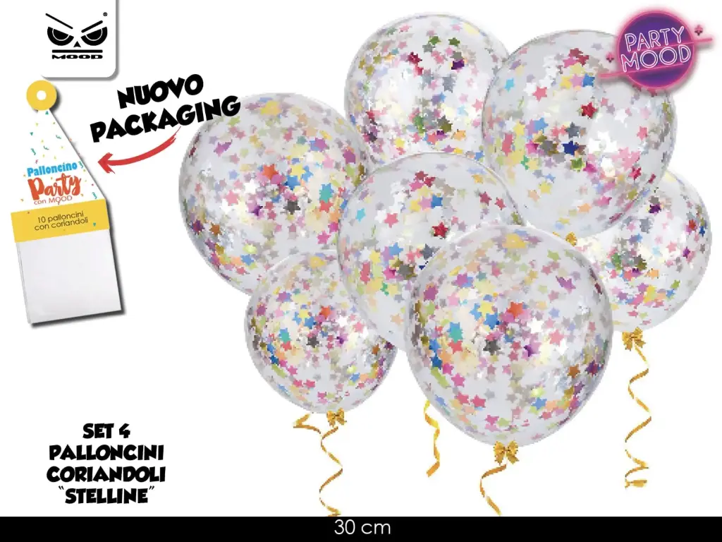 SET 4 PALLONCINI CON CORIANDOLI FORMA STELLE