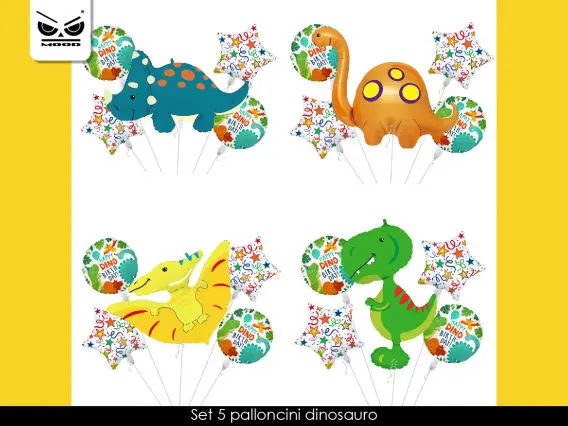 Set 5 Palloncini Dinosauro. Set composto da 4 palloncini 45*45 cm, Dinosauro dimensione varia in base al design da 54*94 cm a 78*86 cm