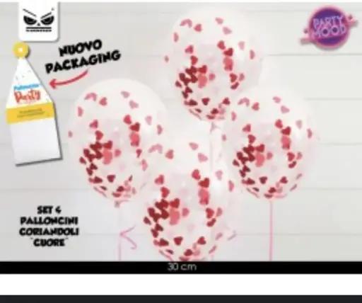 PALLONCINI LATTICE IN BUSTA 4 PZ CORIANDOLI A FORMA DI CUORE 30 CM