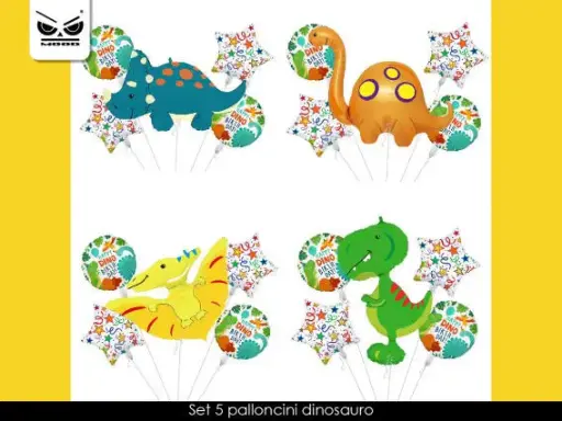 Set 5 Palloncini Dinosauro. Set composto da 4 palloncini 45*45 cm, Dinosauro dimensione varia in base al design da 54*94 cm a 78*86 cm