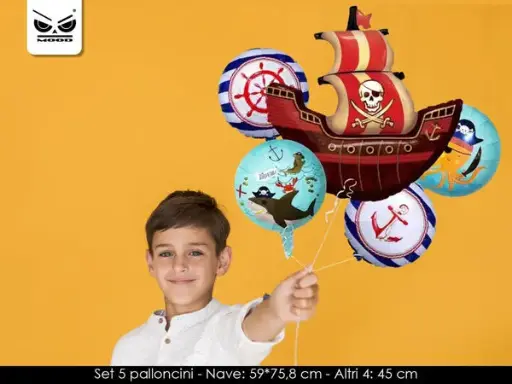 Set 5 Palloncini Pirata. Set composto da 4 palloncini 45*45 cm e Nave 59*75,8 cm. Se gonfiati ad elio volano!