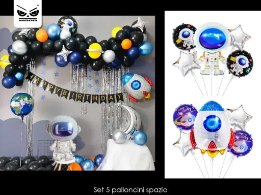 Set 5 Palloncini Spazio. Set composto da 4 palloncini 45*45 cm, Astronauta65*86 cm, Navicella 61*75 cm. Se gonfiati ad elio volano