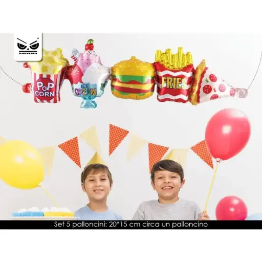 SET 5 PALLONCINI BURGER MENU' SMALL Set composto da 5 mini palloncini in mylar. I palloncini sono separati tra loro ma possono essere collegati da un filo per creare un banner. Se gonfiati ad elio non volano. Dimensioni: 15cm circa ogni palloncino